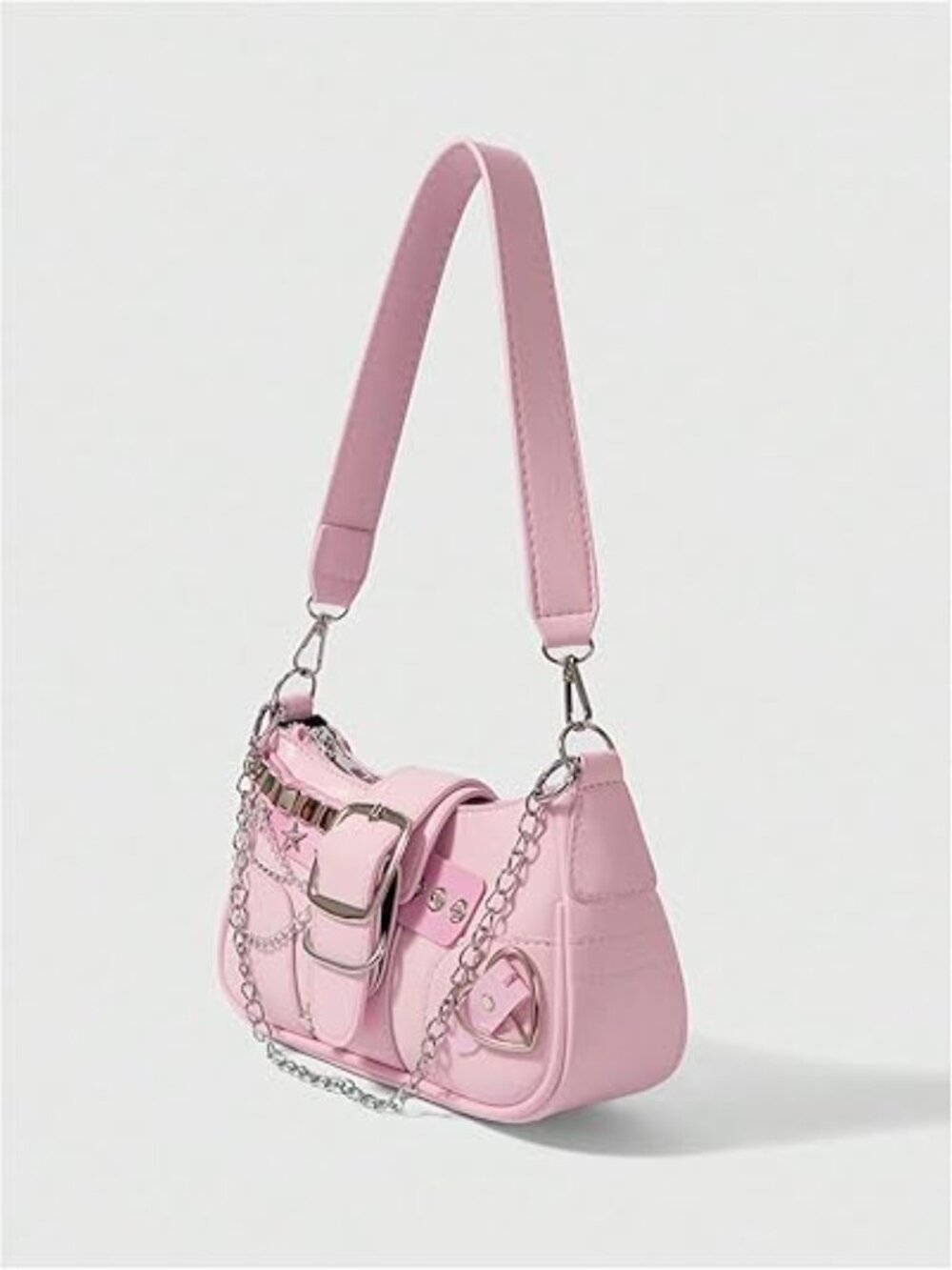 Y2k Stars Chains Shoulder‎ Bag Mini Hobo Handbag Shoulder Purse Pink with Silver - Picture 4 of 5